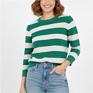 Halogen X Atlantic-Pacific Size L Green White Stripe 3/4 Sleeve Crewneck Sweater